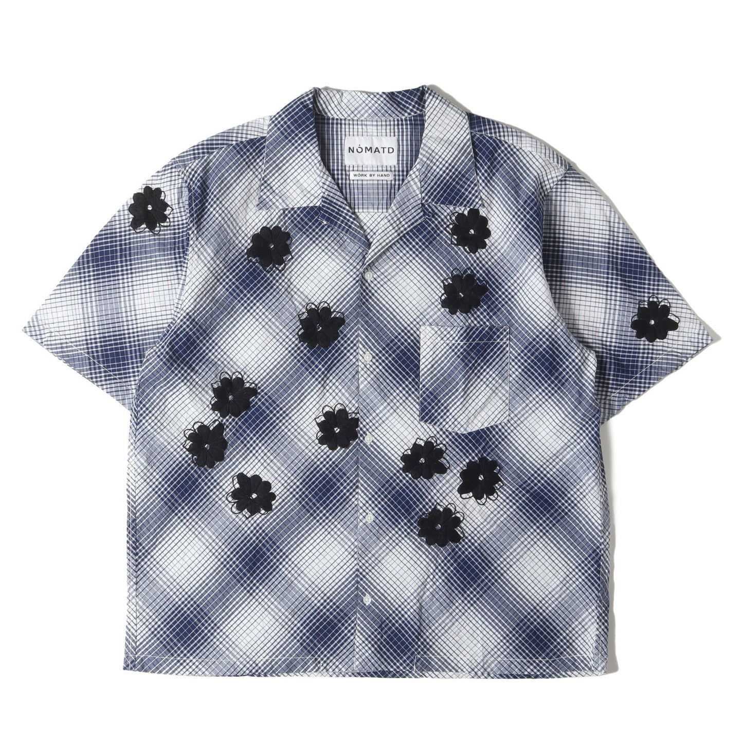 フラワー ハンド刺繍 オープンカラー オンブレチェック 半袖シャツ(Hand Embroidery Ombre Plaid SS Shirt)