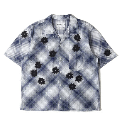 フラワー ハンド刺繍 オープンカラー オンブレチェック 半袖シャツ(Hand Embroidery Ombre Plaid SS Shirt)