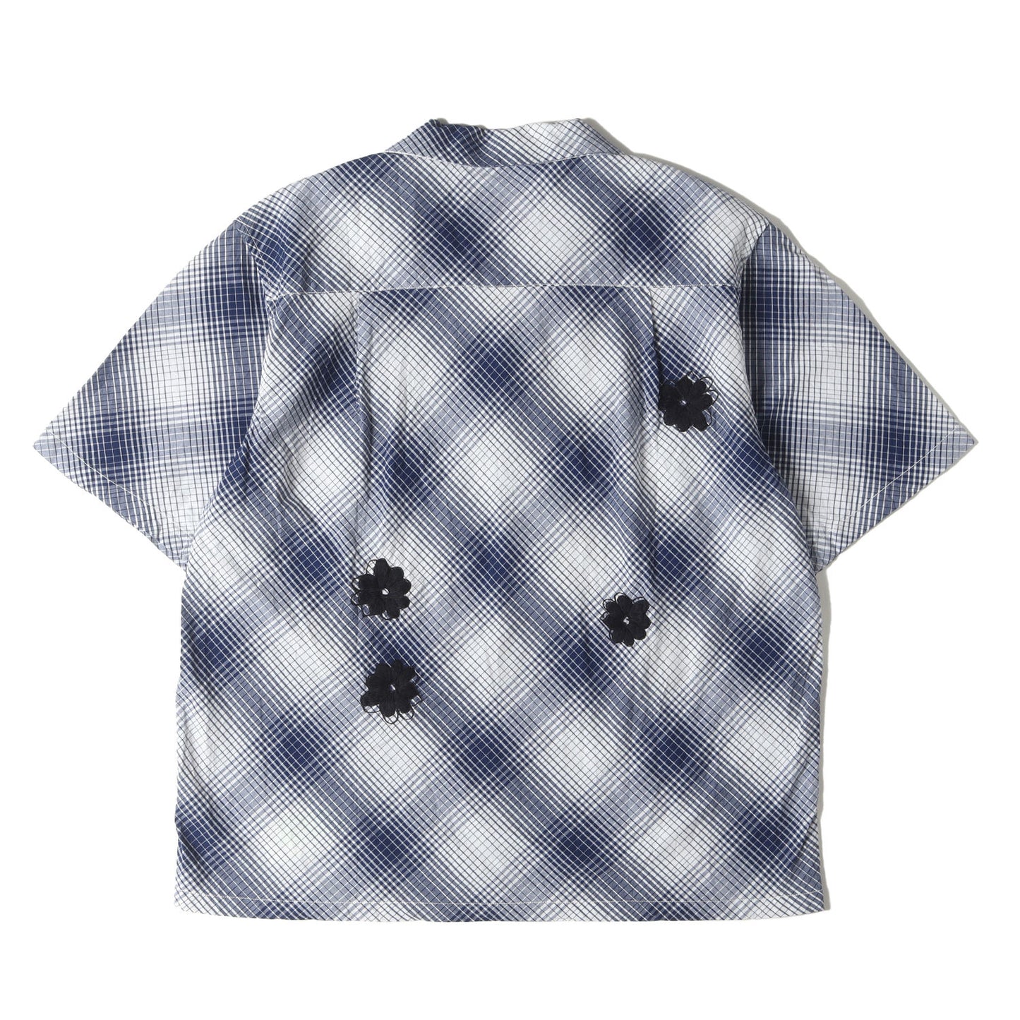 フラワー ハンド刺繍 オープンカラー オンブレチェック 半袖シャツ(Hand Embroidery Ombre Plaid SS Shirt)
