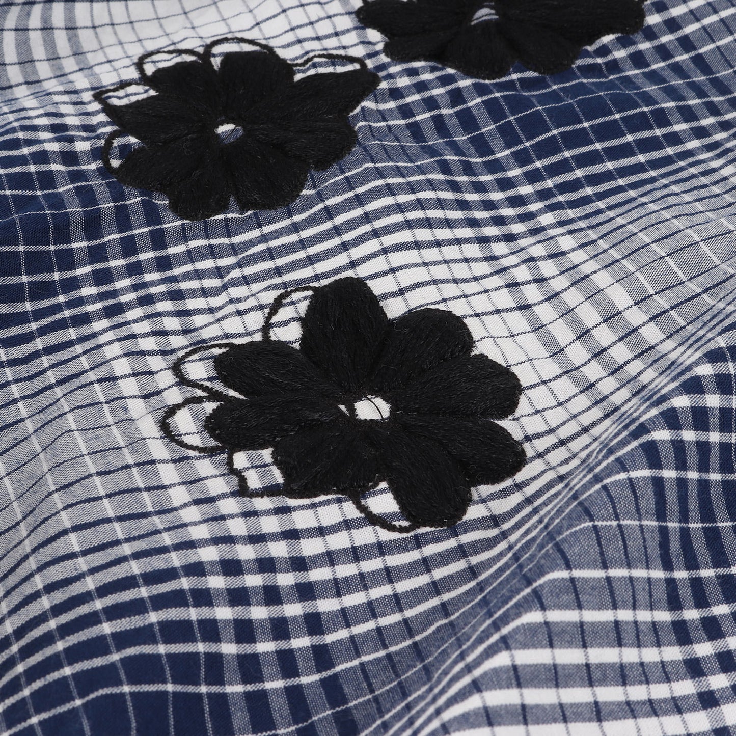 フラワー ハンド刺繍 オープンカラー オンブレチェック 半袖シャツ(Hand Embroidery Ombre Plaid SS Shirt)