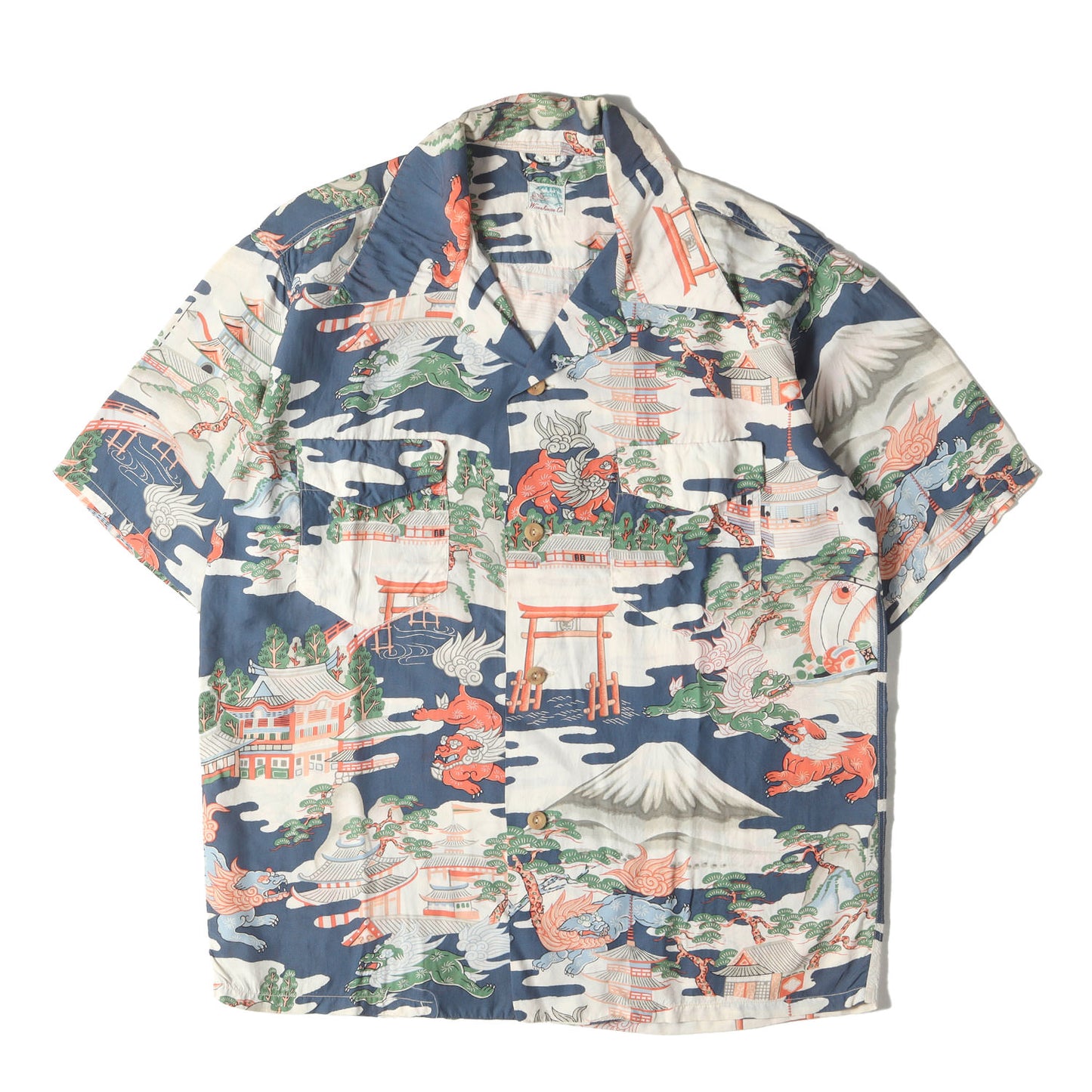 神社 狛犬 富士山 和柄 レーヨン アロハシャツ