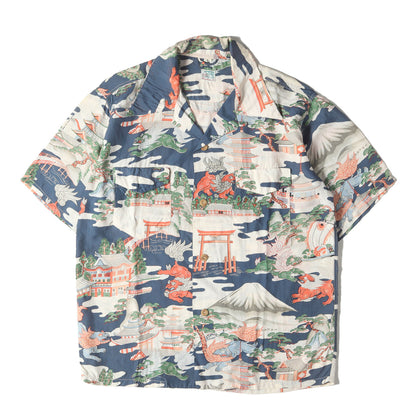 神社 狛犬 富士山 和柄 レーヨン アロハシャツ