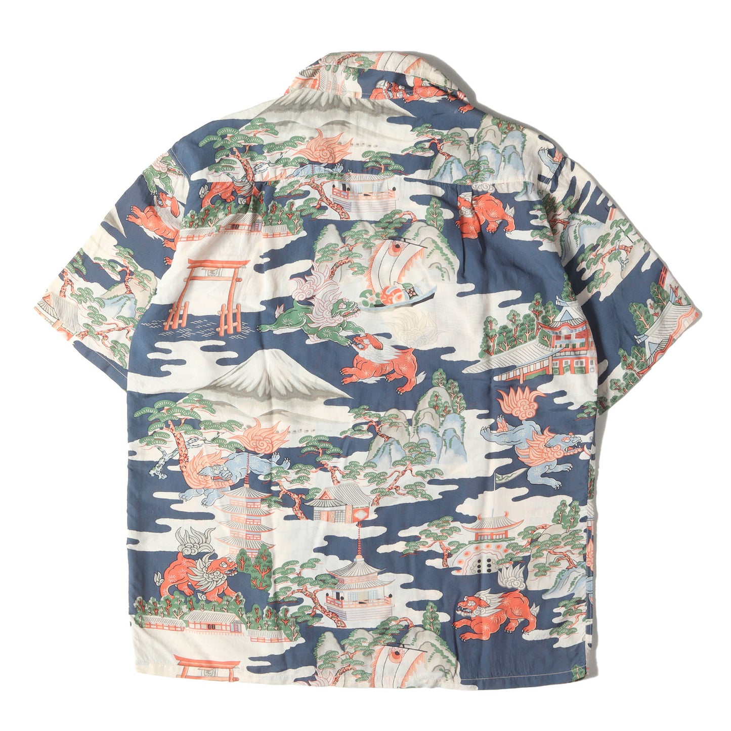 神社 狛犬 富士山 和柄 レーヨン アロハシャツ