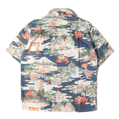 神社 狛犬 富士山 和柄 レーヨン アロハシャツ