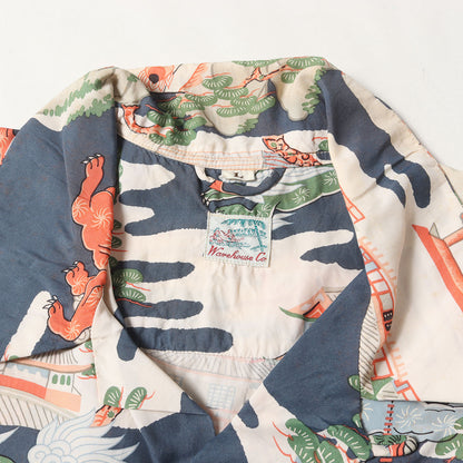 神社 狛犬 富士山 和柄 レーヨン アロハシャツ