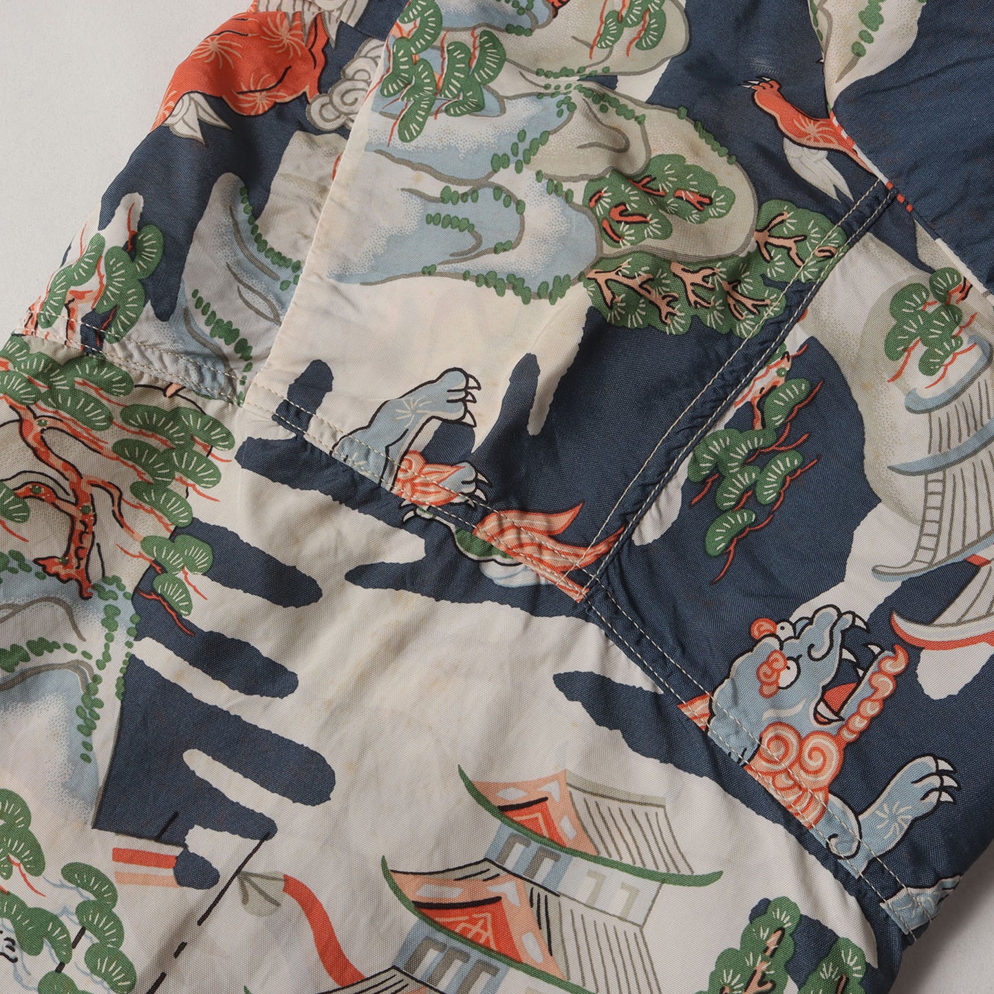 神社 狛犬 富士山 和柄 レーヨン アロハシャツ