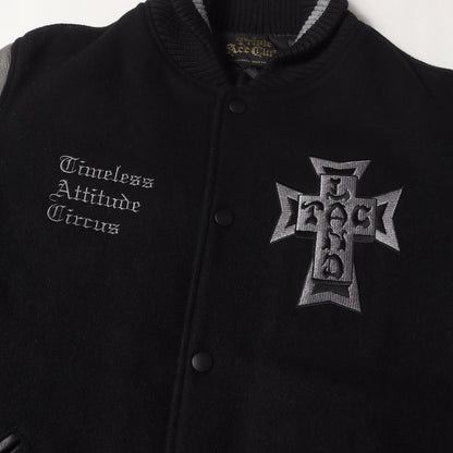 クロスロゴ 袖レザー メルトン スタジャン