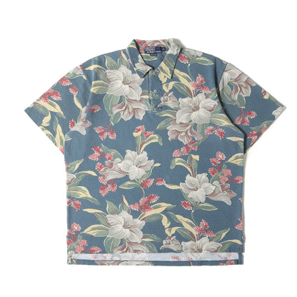 [ポニーなし] 90s 総柄 フラワー 鹿の子 ポロシャツ USA製 / 花柄 ボタニカル ハイビスカス