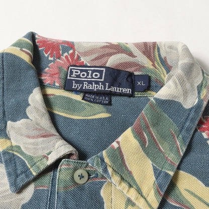 [ポニーなし] 90s 総柄 フラワー 鹿の子 ポロシャツ USA製 / 花柄 ボタニカル ハイビスカス