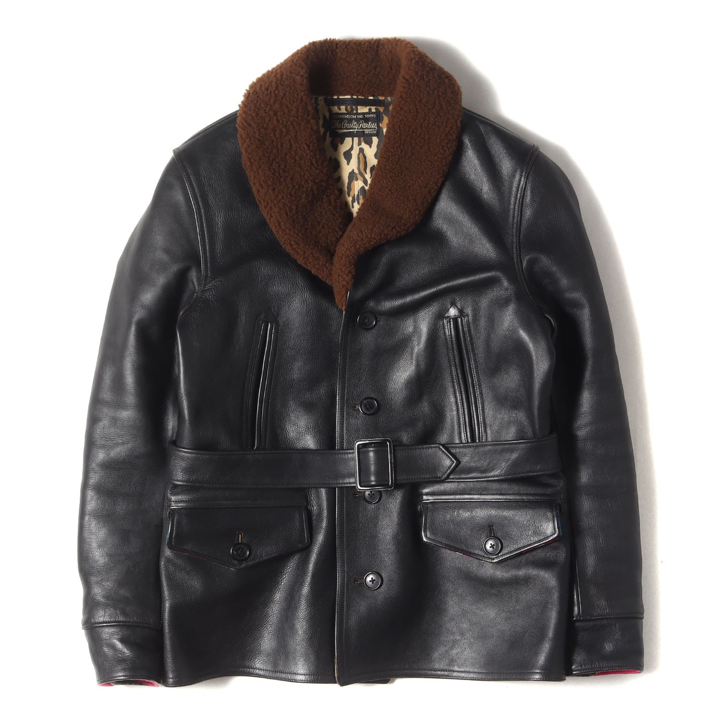 レザー 裏地レオパード柄ディアスキン 襟ムートン ギャングコート(GANG COAT)