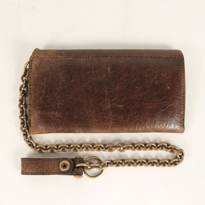 ウォレットチェーン付き エンボス フラワー ロングウォレット / 長財布