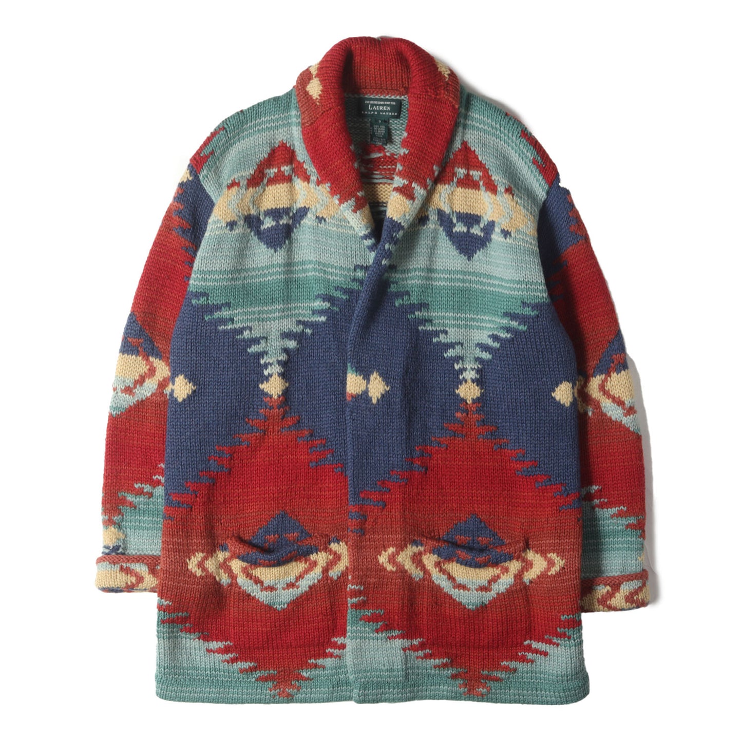 [著名人着用] 90s ネイティブ柄 ハンドニット ショールカラー ボタンレス ガウン / LAUREN RALPH LAUREN