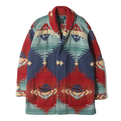 [著名人着用] 90s ネイティブ柄 ハンドニット ショールカラー ボタンレス ガウン / LAUREN RALPH LAUREN