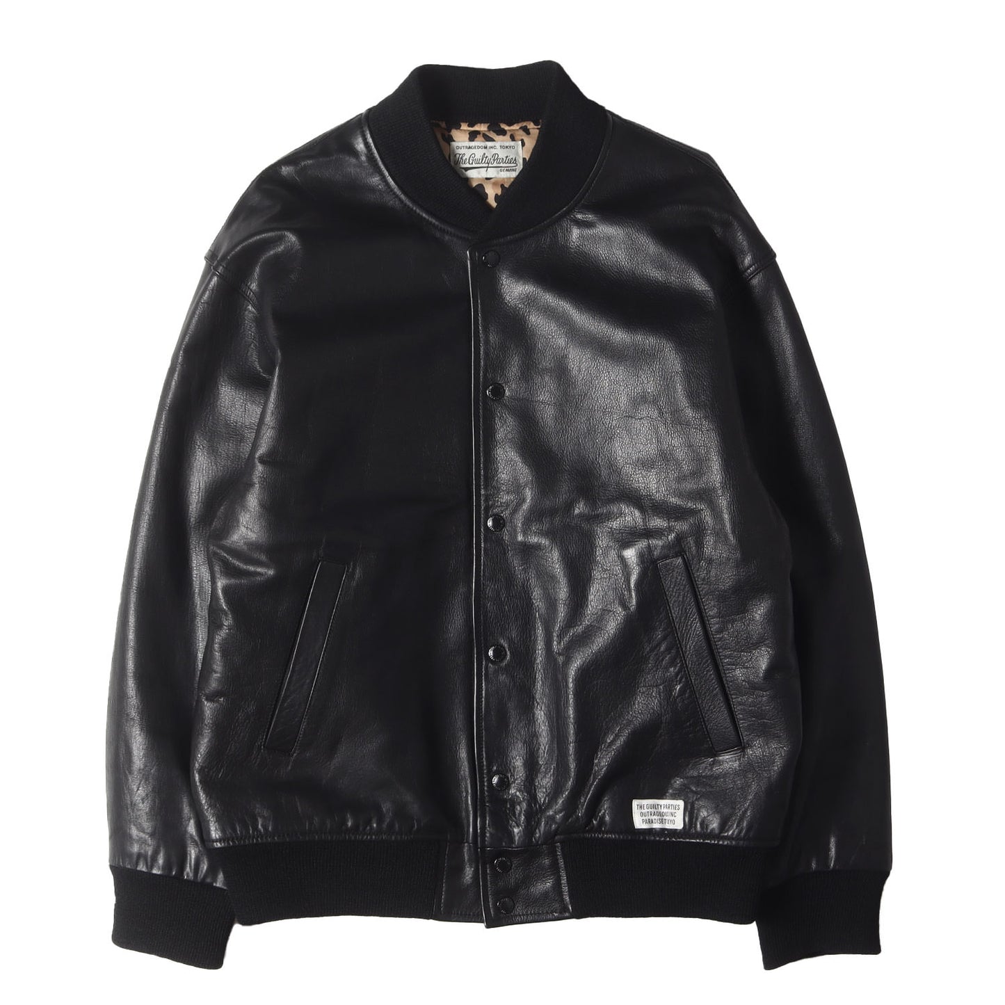 23AW オールレザー 裏地レオパード バーシティジャケット / スタジャン(LEATHER VARSITY JACKET)