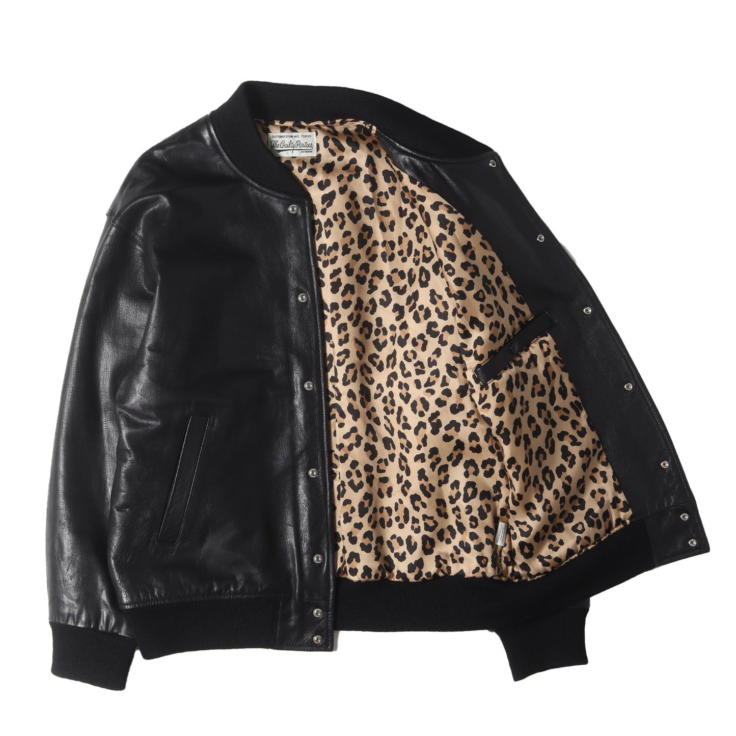 23AW オールレザー 裏地レオパード バーシティジャケット / スタジャン(LEATHER VARSITY JACKET)