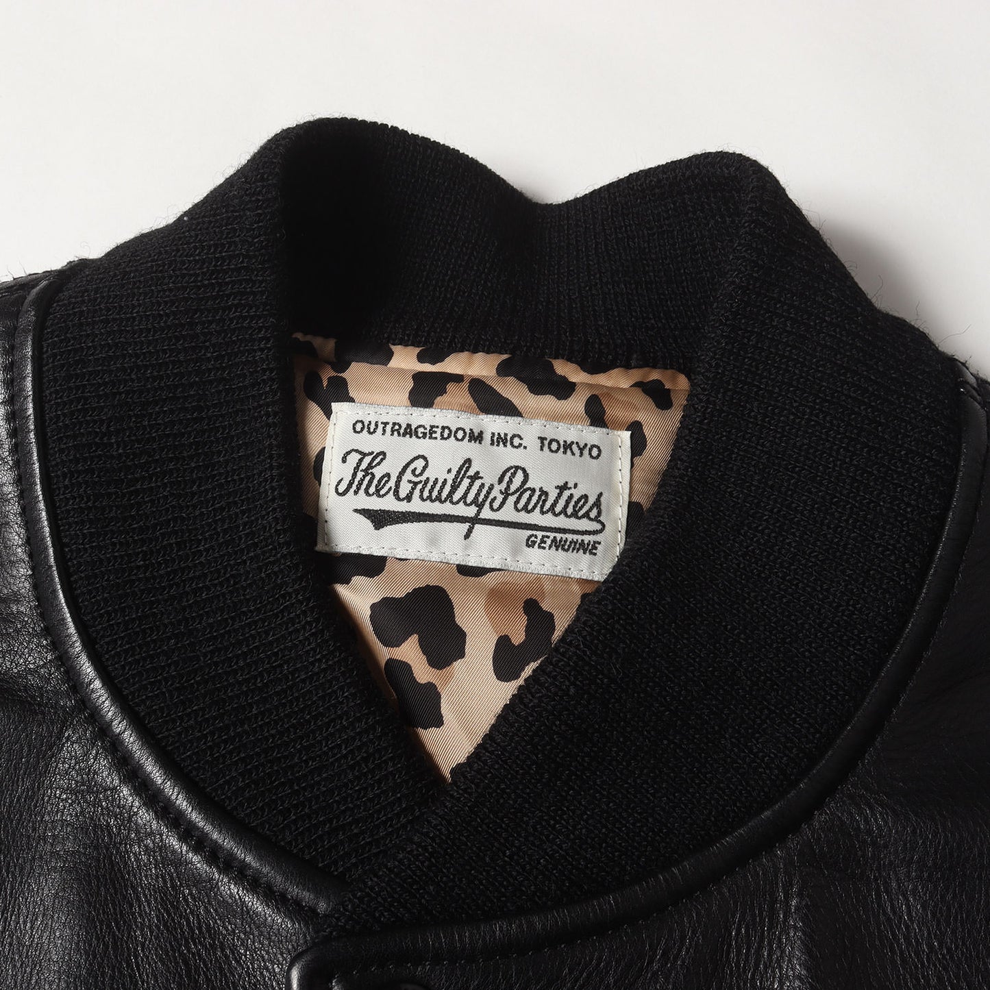 23AW オールレザー 裏地レオパード バーシティジャケット / スタジャン(LEATHER VARSITY JACKET)