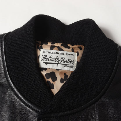 23AW オールレザー 裏地レオパード バーシティジャケット / スタジャン(LEATHER VARSITY JACKET)