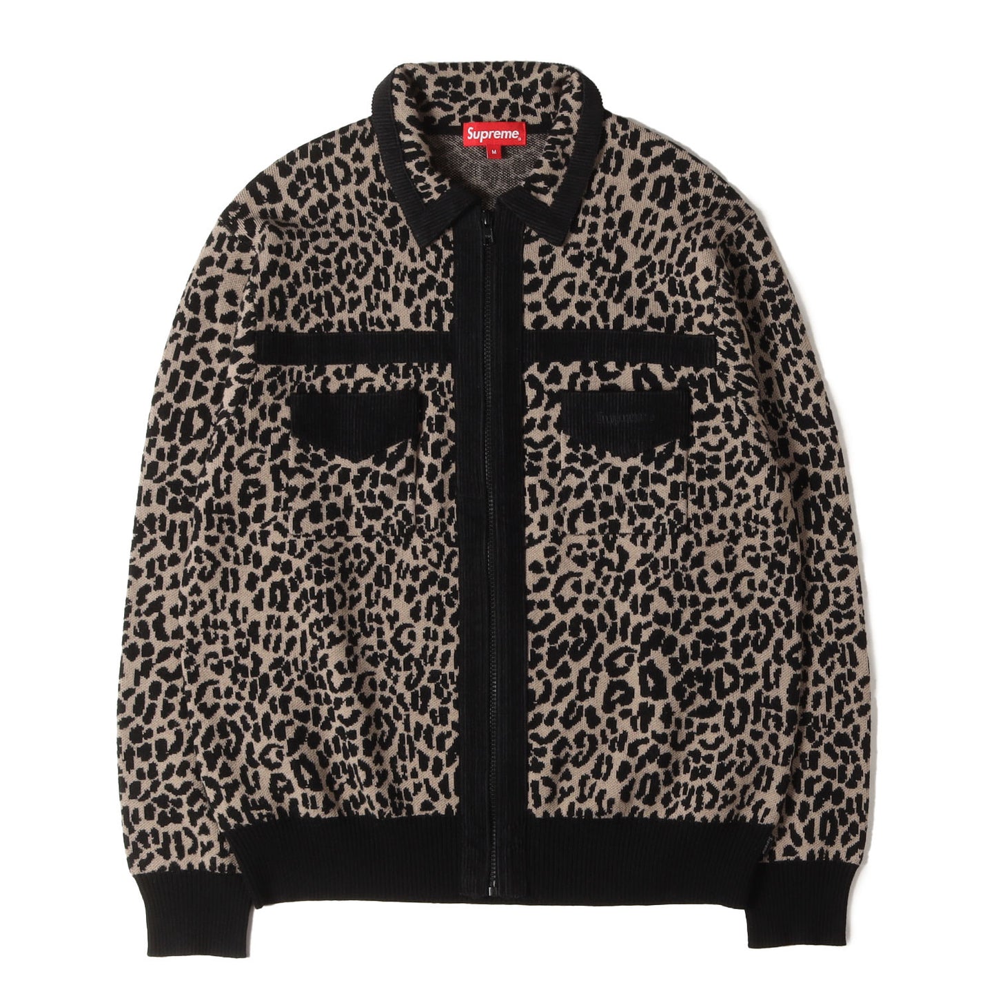 チーター柄 コーデュロイ 切替し ジップ ニットセーター(Corduroy Detailed Zip Sweater)