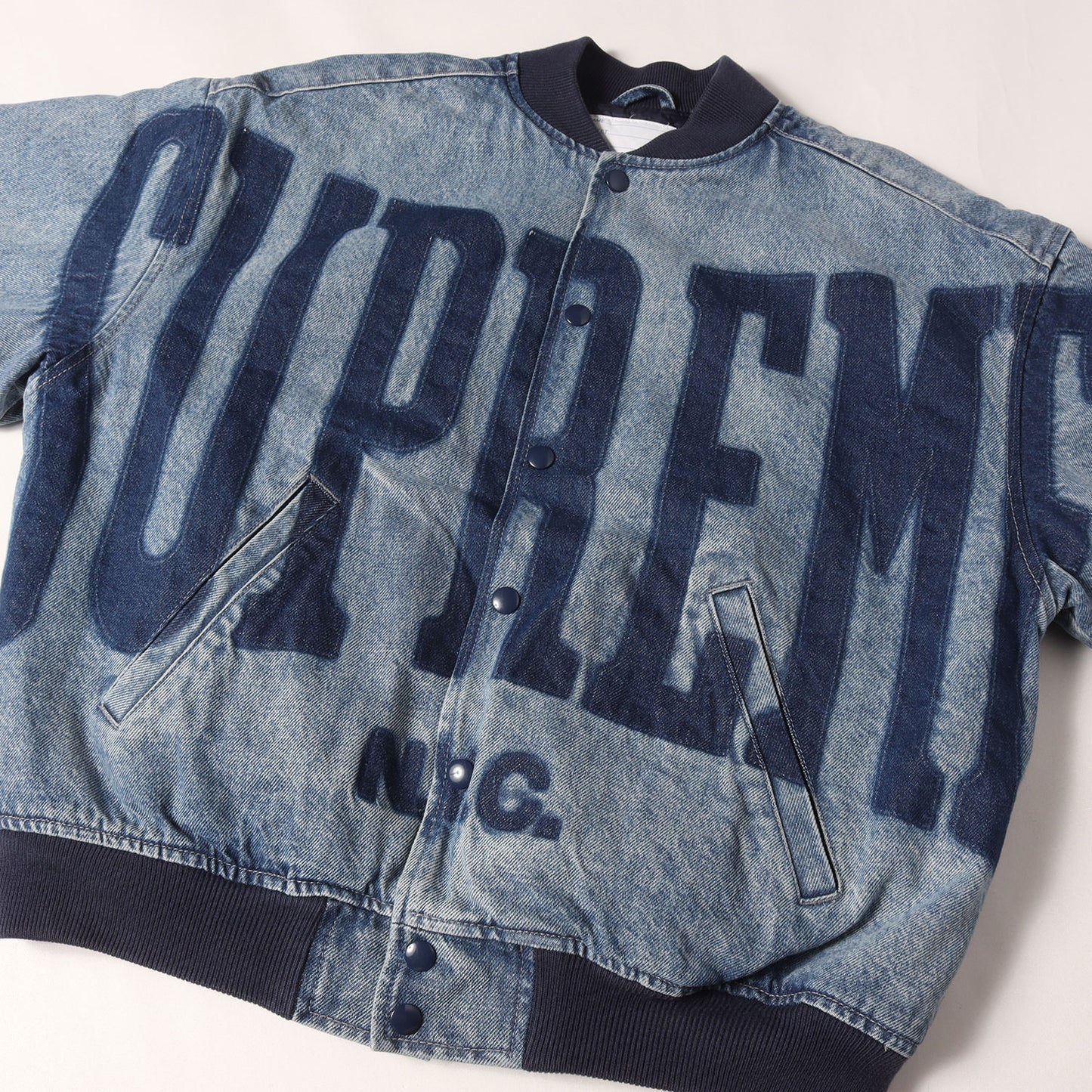 23SS ブリーチ加工 デニム バーシティジャケット(Washed Knockout Denim Varsity Jacket)