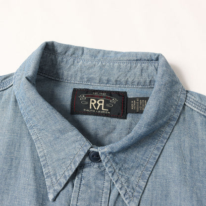 [近年モデル] チェーン刺繍 シャンブレー ワーク ボタンシャツ (Embroidered Indigo Chambray Work Shirt)