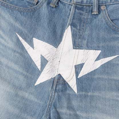 23SS ヴィンテージ加工 フロント ツインSTA デニムショーツ(Star Logo Denim Shorts)