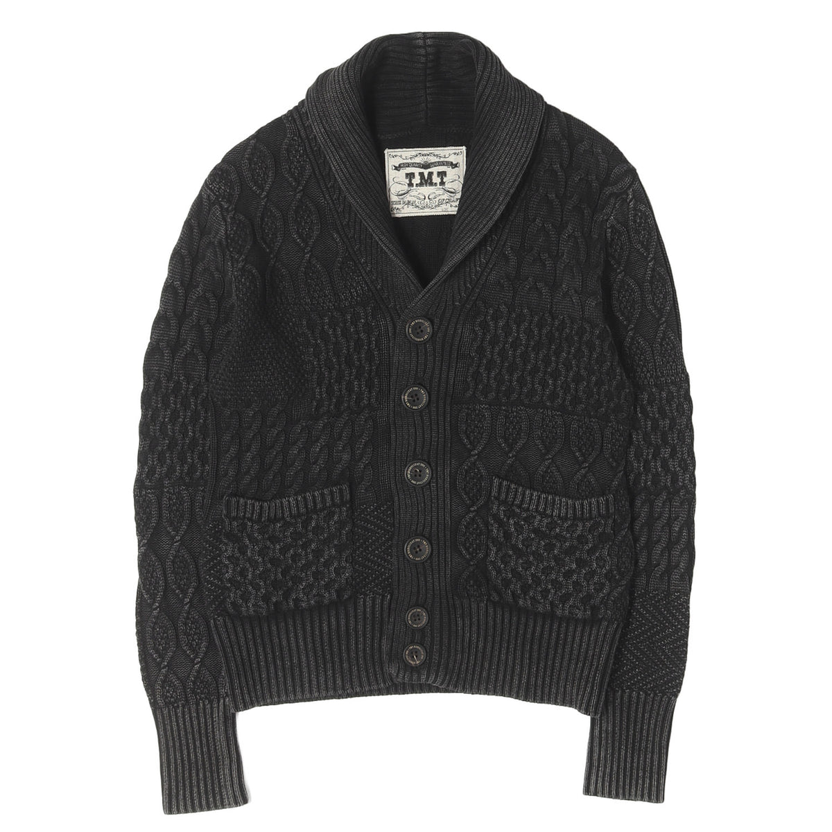 パッチワーク ケーブル編み ショールカラー ニット カーディガン(PATCHWAORK CABLE WASHOUT KNIT CARDIGAN)