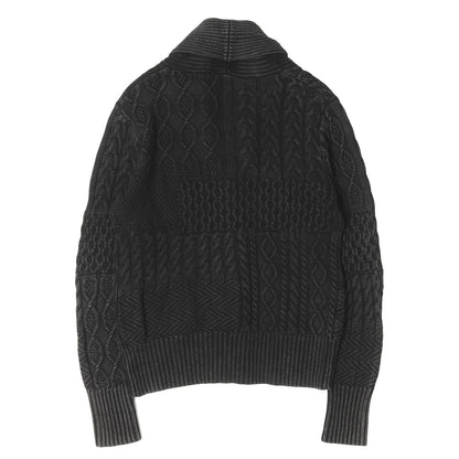 パッチワーク ケーブル編み ショールカラー ニット カーディガン(PATCHWAORK CABLE WASHOUT KNIT CARDIGAN)