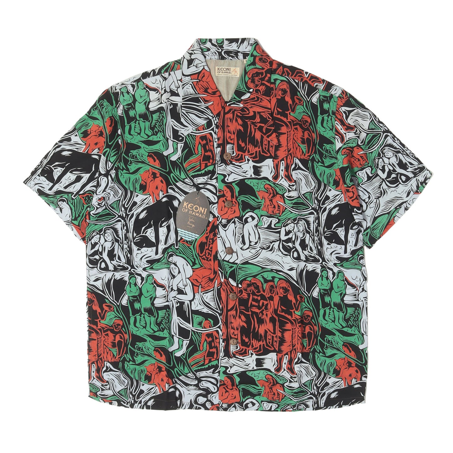 90s KEONI OF HAWAII 初期 ゴーギャン・ウッドカット レーヨン アロハシャツ / GAUGUIN WOODCUT M32500