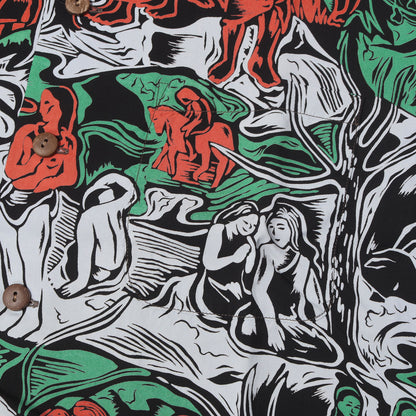 90s KEONI OF HAWAII 初期 ゴーギャン・ウッドカット レーヨン アロハシャツ / GAUGUIN WOODCUT M32500