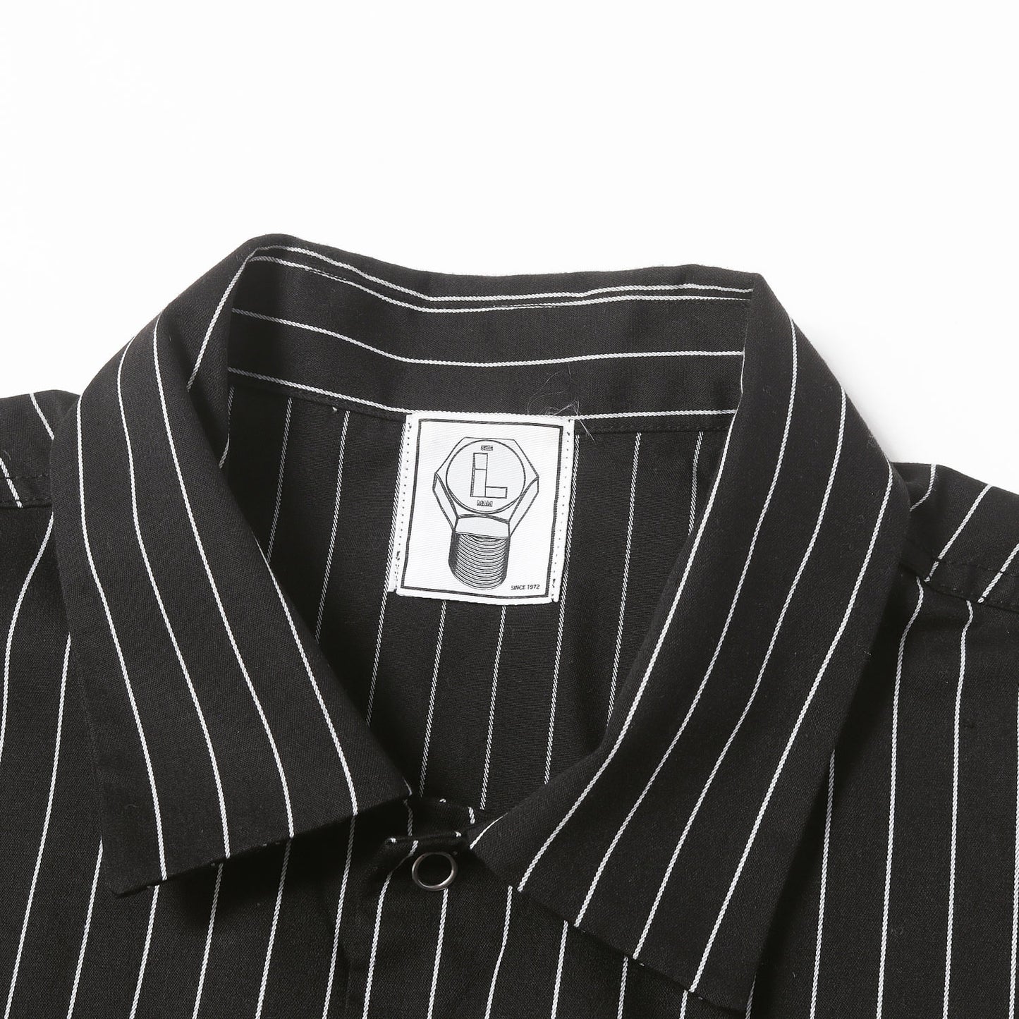21SS ワッペン付き ピンストライプ ワーク 半袖シャツ(STRIPE WORK SHIRT BLACK)