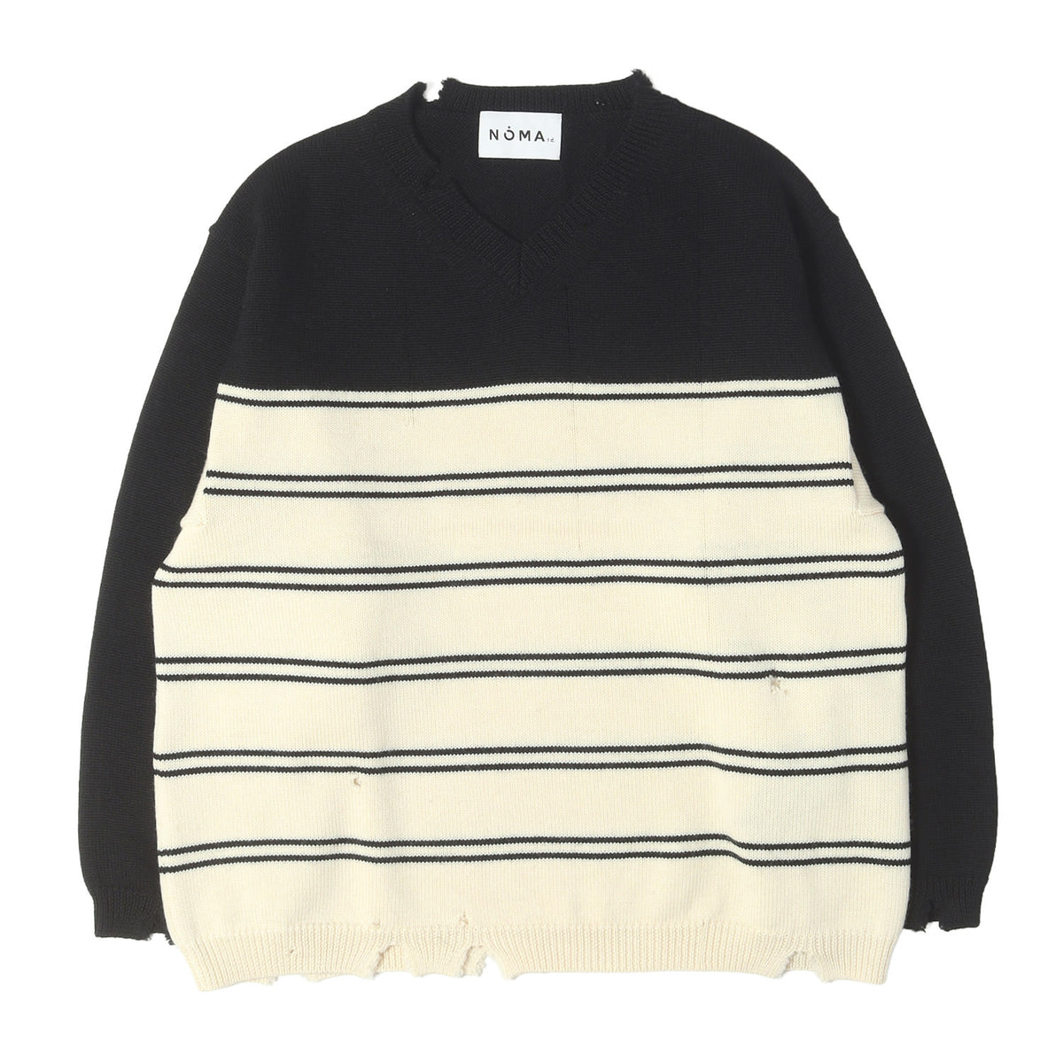 ダメージ加工 ボーダー Vネック ウールニット セーター(Stripe Damaged Sweater)