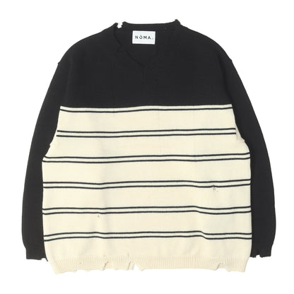 ダメージ加工 ボーダー Vネック ウールニット セーター(Stripe Damaged Sweater)