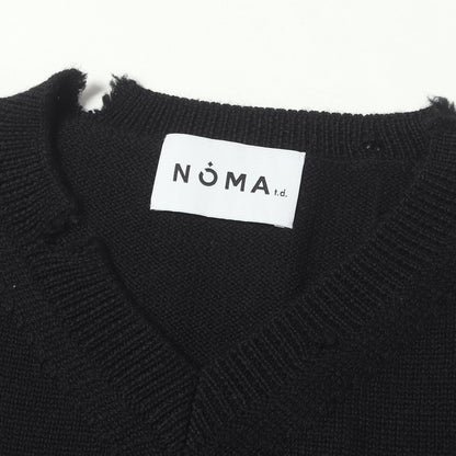 ダメージ加工 ボーダー Vネック ウールニット セーター(Stripe Damaged Sweater)