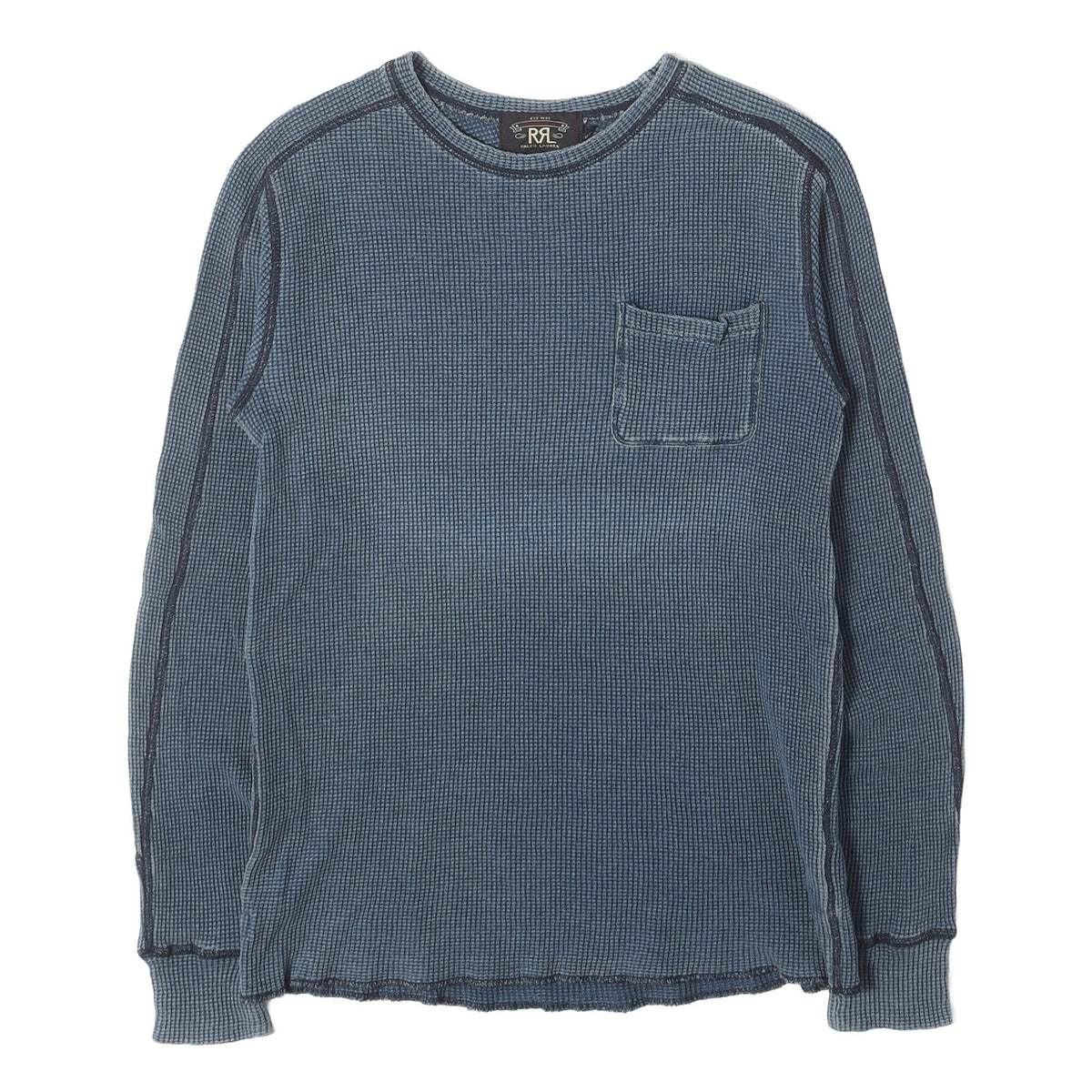 ポケット付き インディゴ染め ワッフル サーマル クルーネック ロングスリーブ Tシャツ