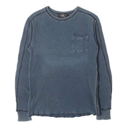 ポケット付き インディゴ染め ワッフル サーマル クルーネック ロングスリーブ Tシャツ