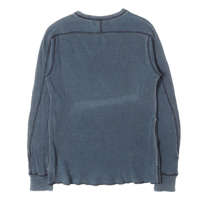 ポケット付き インディゴ染め ワッフル サーマル クルーネック ロングスリーブ Tシャツ