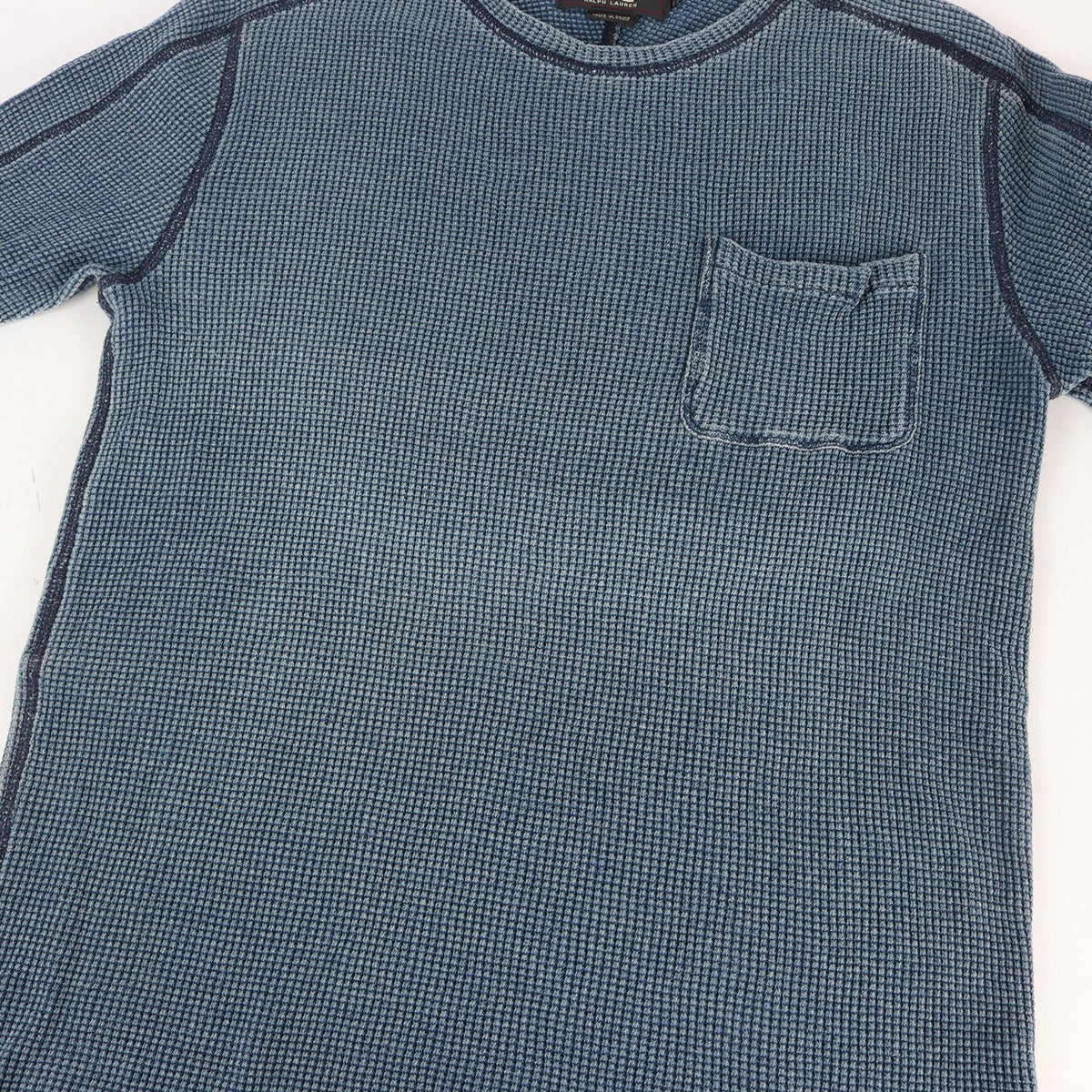 ポケット付き インディゴ染め ワッフル サーマル クルーネック ロングスリーブ Tシャツ