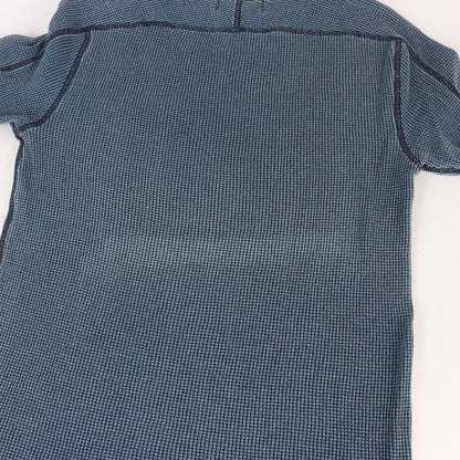 ポケット付き インディゴ染め ワッフル サーマル クルーネック ロングスリーブ Tシャツ