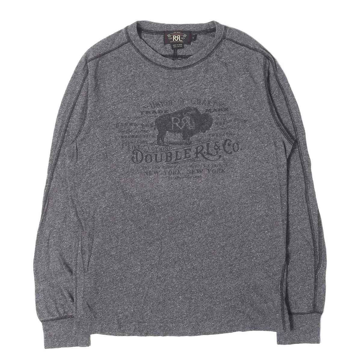 バイソン プリント ごま塩 クルーネック ロングスリーブ Tシャツ