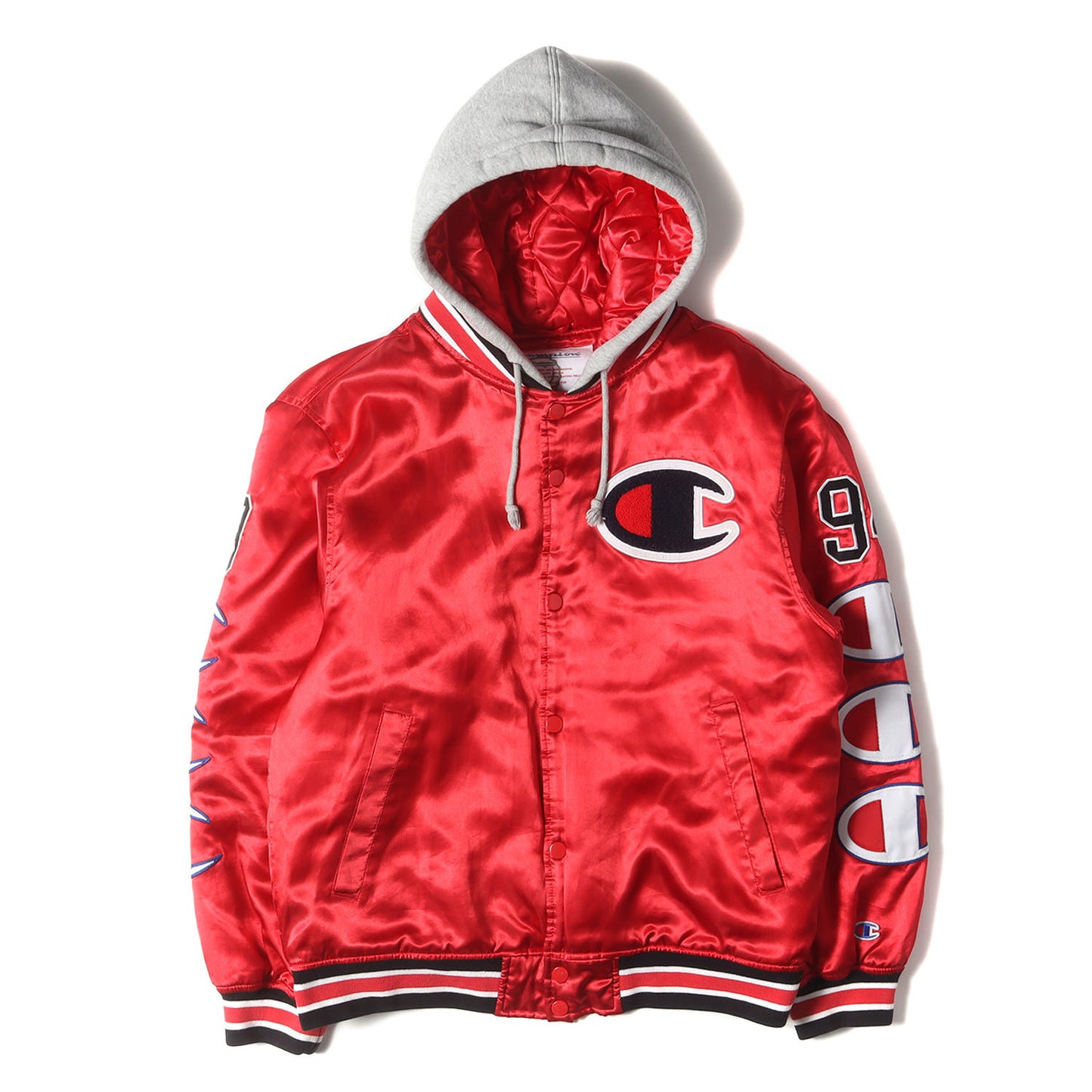 ×Champion フード付き サテン バーシティジャケット / スタジャン(Hooded Satin Varsity Jacket)