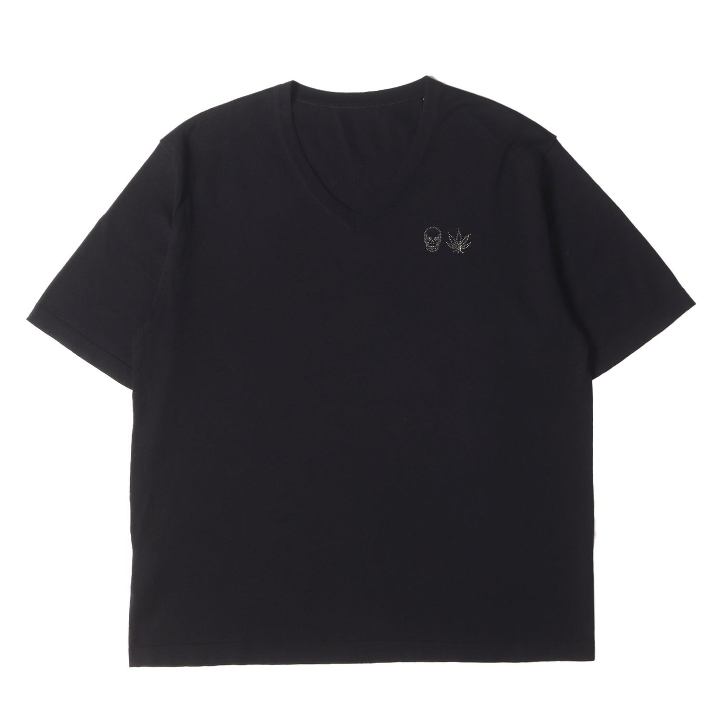 スワロフスキー&メタルビーズ ロゴ Vネック 半袖 コットンニット