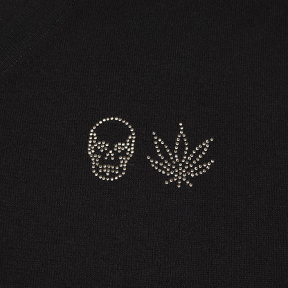 スワロフスキー&メタルビーズ ロゴ Vネック 半袖 コットンニット