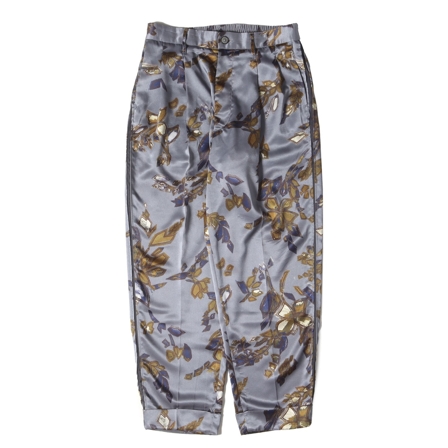 フラワー柄 サテン 2タック テーパード イージー スラックスパンツ