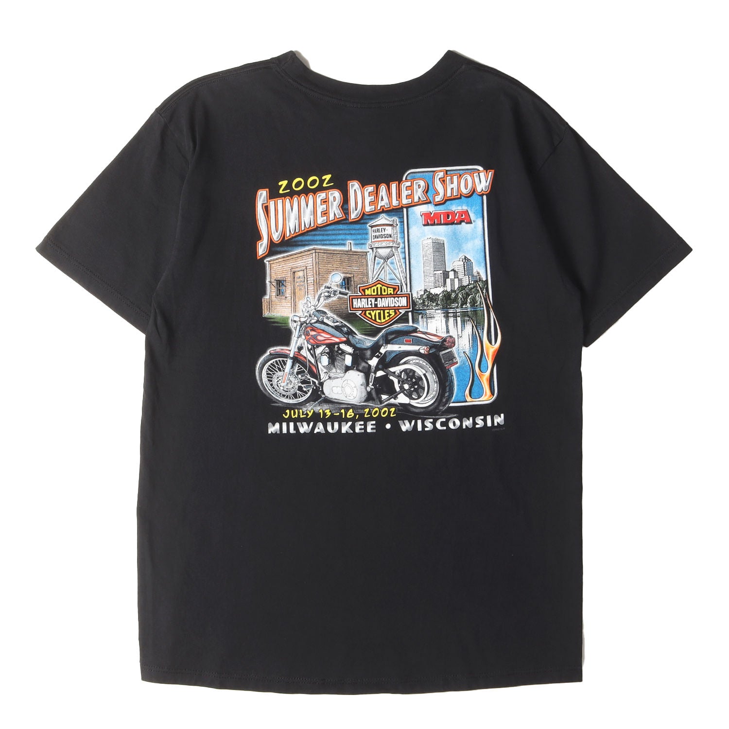 HARLEY-DAVIDSON ハーレーダビッドソン Tシャツ ブラック 黒 サイズ:L | 00s SUMMER DEALER SHOW 2002 フレイム シールドロゴ 両面プリント Tシャツ | USA製 HOLOUBEK | トップス カットソー 半袖【メンズ】【中古】【K4531】 HARLEY-DAVIDSON (ハーレーダビッドソン) 00s SUMMER DEALER SHOW 2002