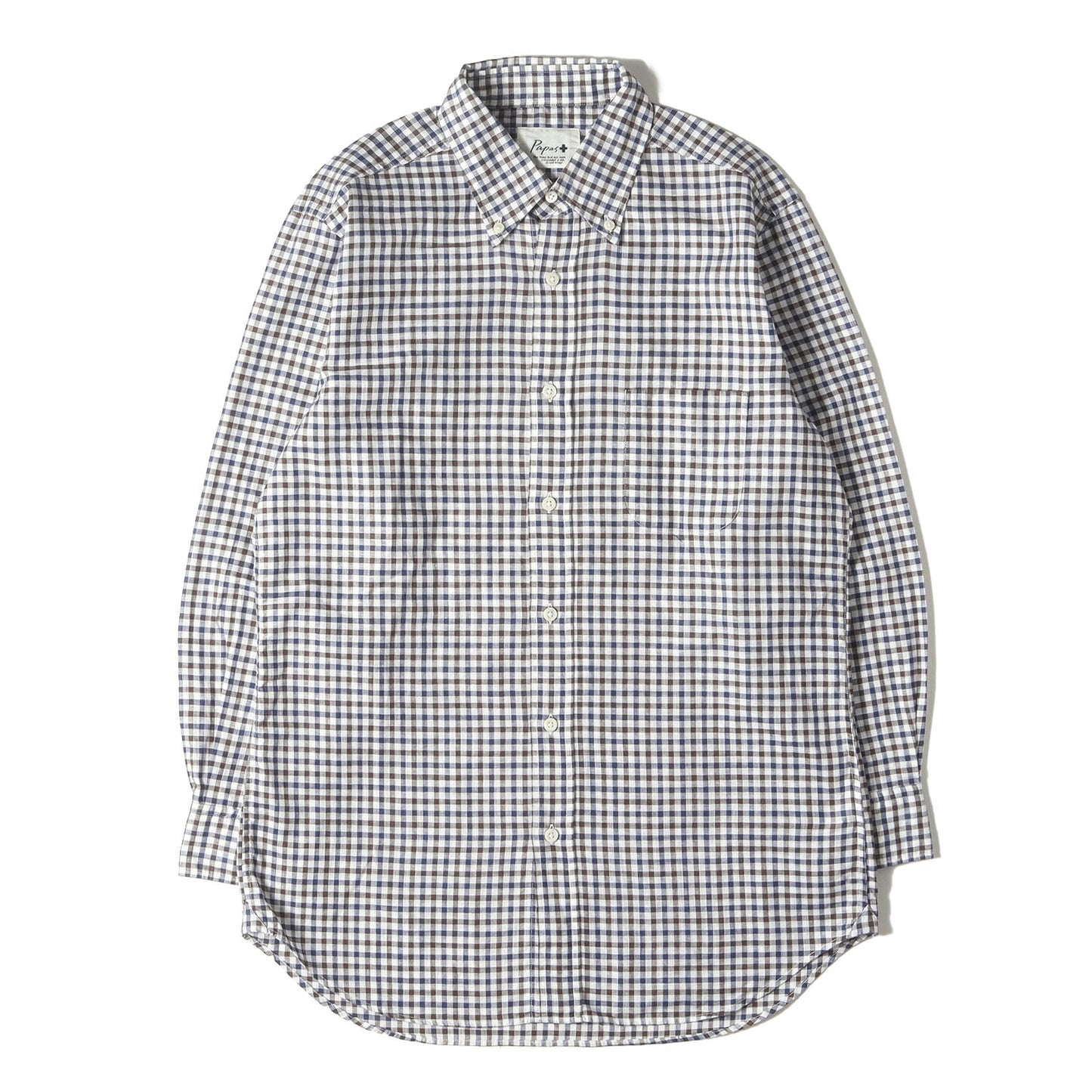 Papas Plus コットン/リネン チェック 9分袖 ボタンダウンシャツ