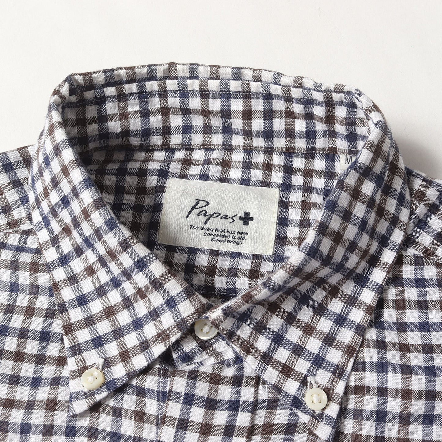 Papas Plus コットン/リネン チェック 9分袖 ボタンダウンシャツ