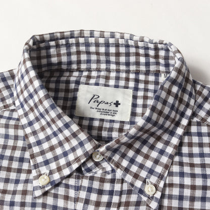 Papas Plus コットン/リネン チェック 9分袖 ボタンダウンシャツ