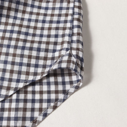 Papas Plus コットン/リネン チェック 9分袖 ボタンダウンシャツ