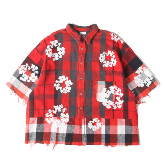 23SS ×DENIM TEARS ヴィンテージ リメイク フラワー刺繍 オーバーサイズ ネルシャツ(CHECK SS SHIRTS)