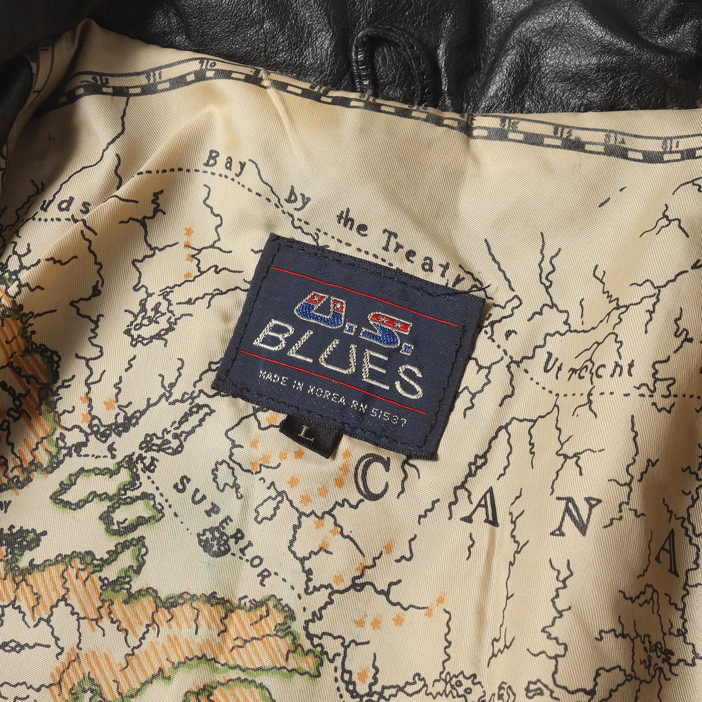 90s 裏地マップ柄 カウレザー フルジップ ジャケット U.S.BLUES